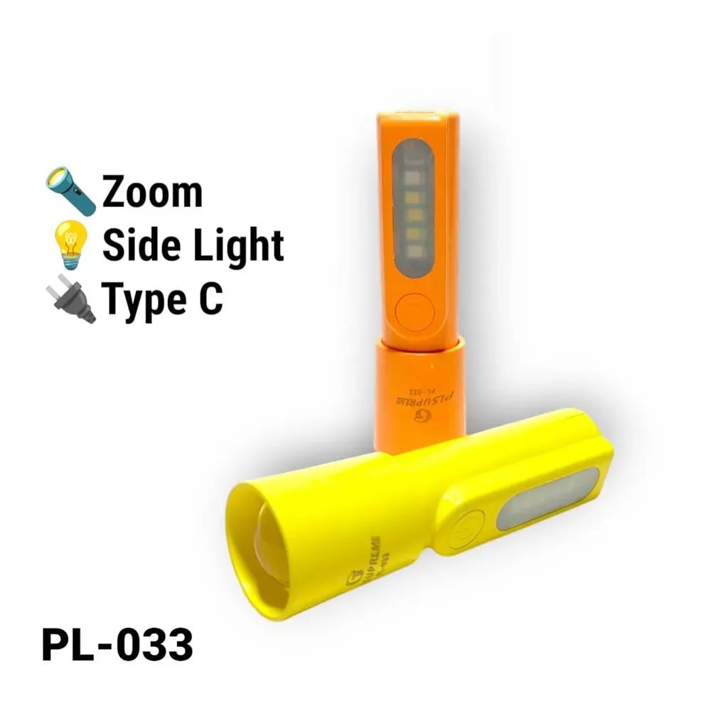 PL-033 Rechargeable Zoom Torch Light | LED Flashlight | Side Lamp | 300mAh | Type-C | Police Light